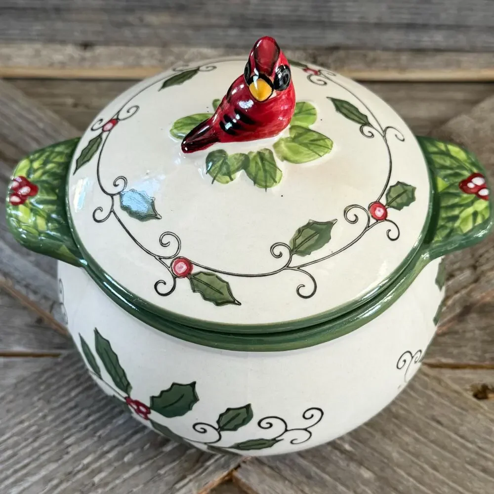 Cardinal & Holly by Temp-Tations by Tara, Ceramic Covered Soup Bowl, 18oz, Disc.